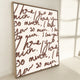 premium framed canvas, i love you so much text, neutral warm palette, beige, brown