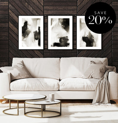 abstract wall art print framed gallery wall set white black charcoal grey