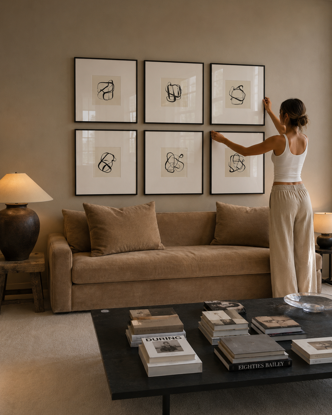 A woman in a white tank top and beige pants hangs a framed abstract line drawing in a living room. The room features a beige sofa, a black coffee table with books, and a warm neutral wall with six framed artworks arranged in a grid.