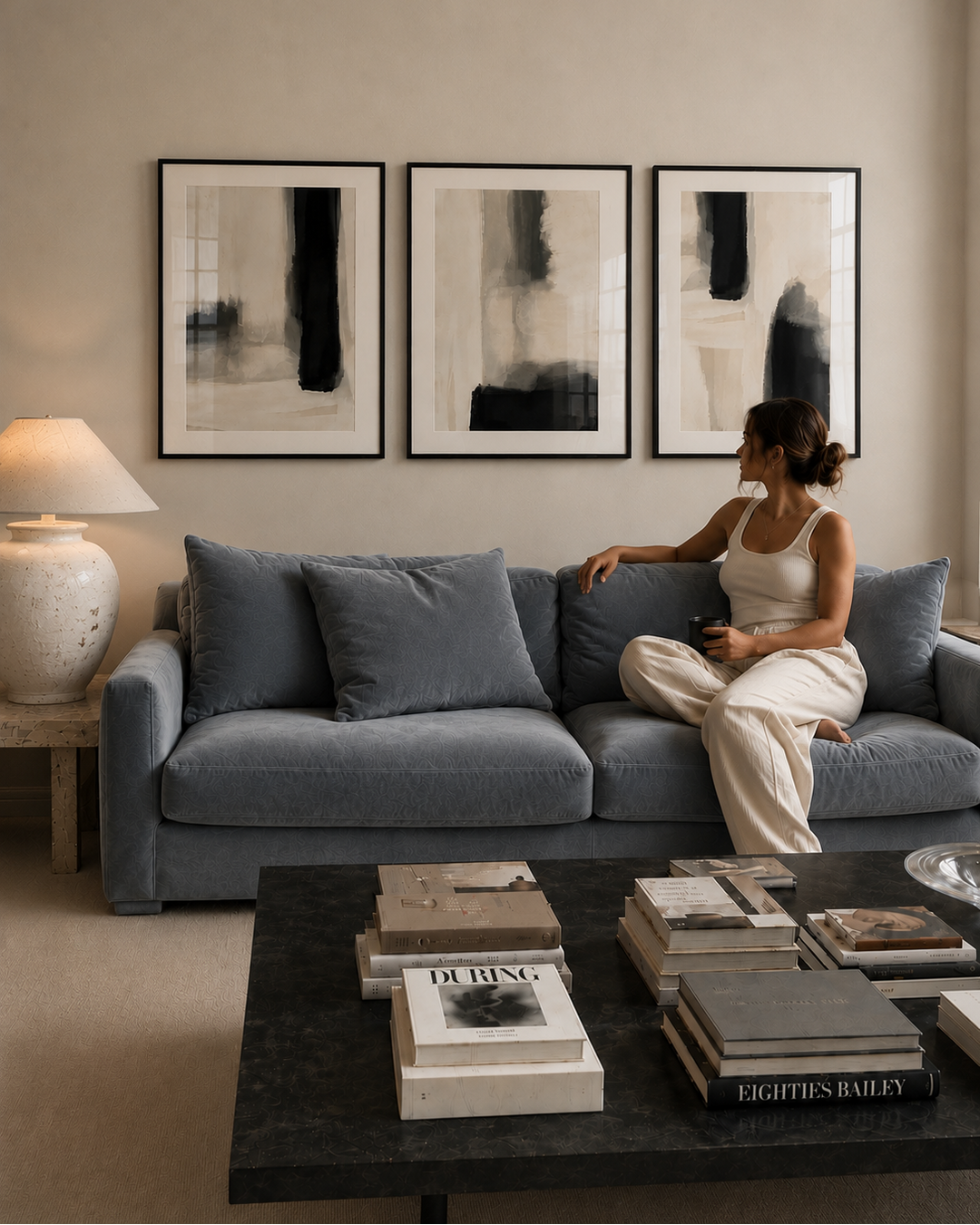 A woman in a white outfit sits on a blue-gray sofa in a modern living room, with three framed abstract black-and-white artworks on the wall behind her. A lamp is on the left, and a dark coffee table with stacked books is in the foreground.