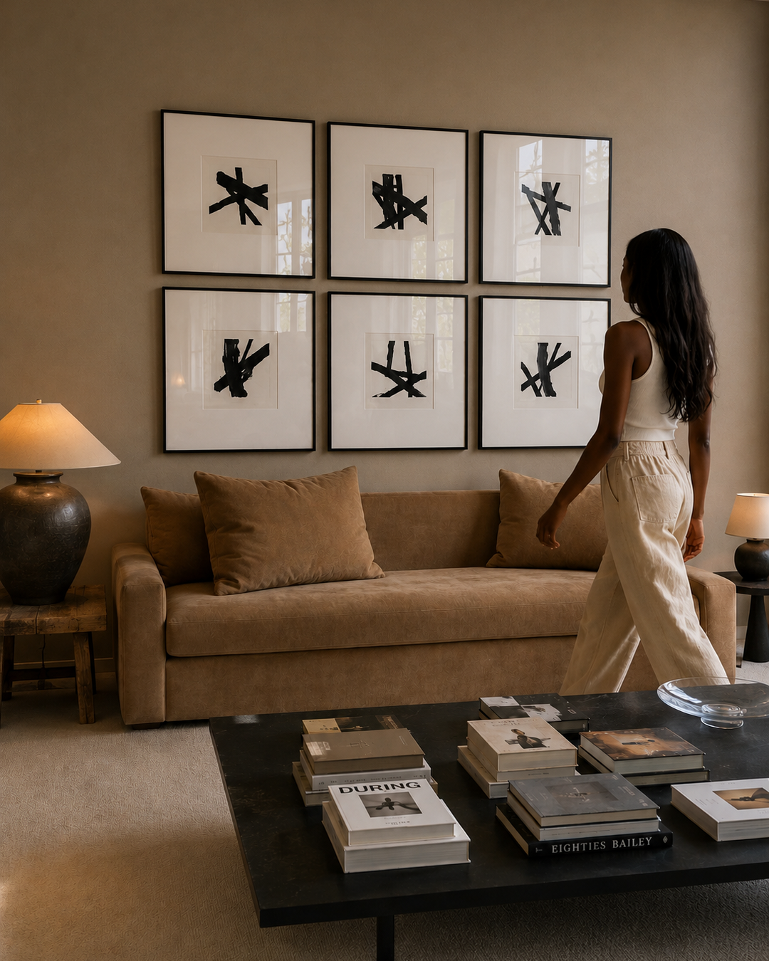A woman in a cream dress walks past a beige sofa in a styled living room, with six framed abstract black-and-white artworks hanging on the wall above the couch.