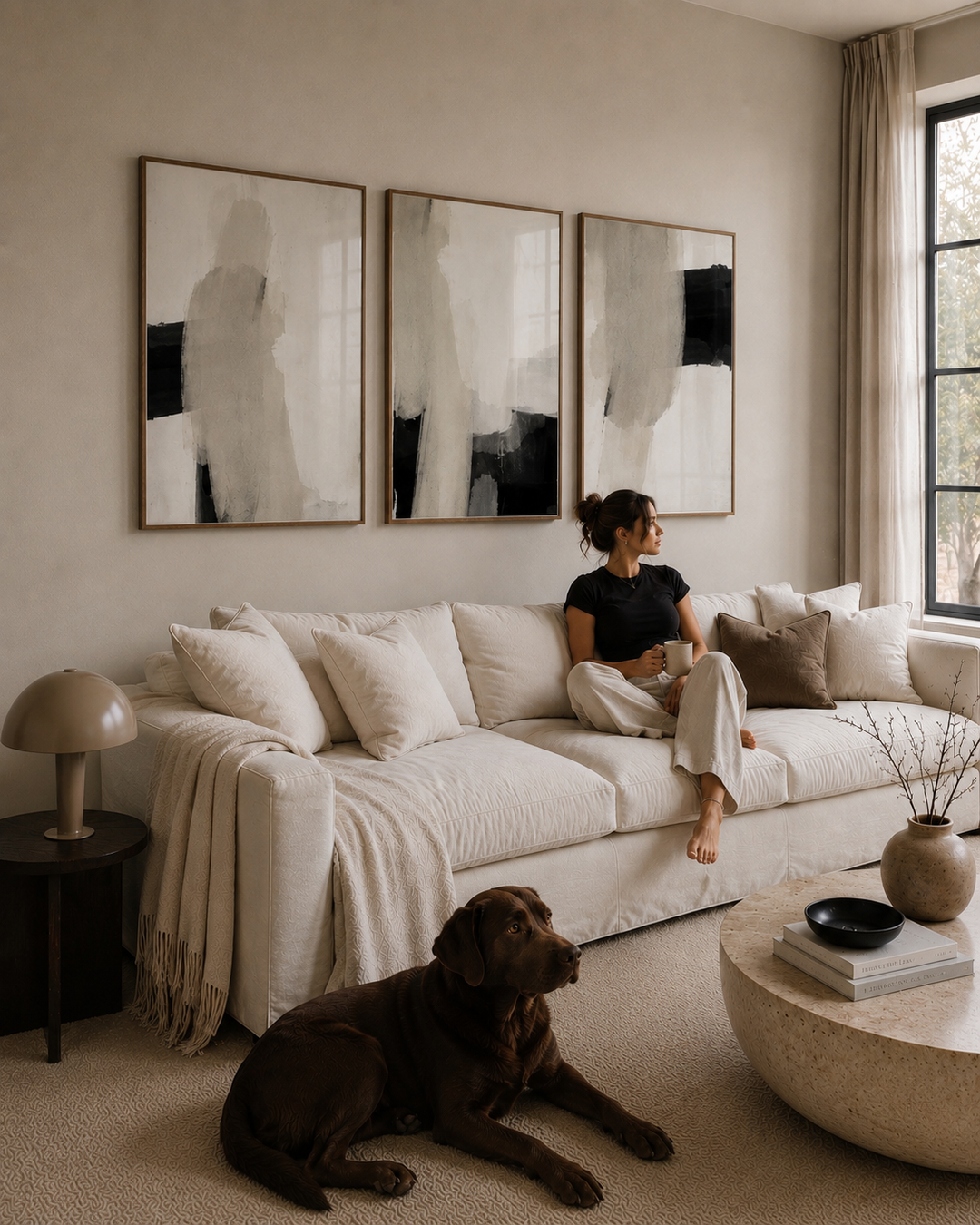 A woman sits on a cream-colored sofa in a modern living room, with a brown dog lying on the carpet in the foreground. Three large abstract black, white, and gray framed wall art prints hang above the sofa.