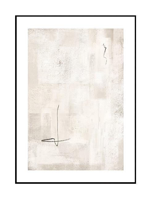 abstract wall art print, neutral tones, textured layers, cream, beige, black fine line