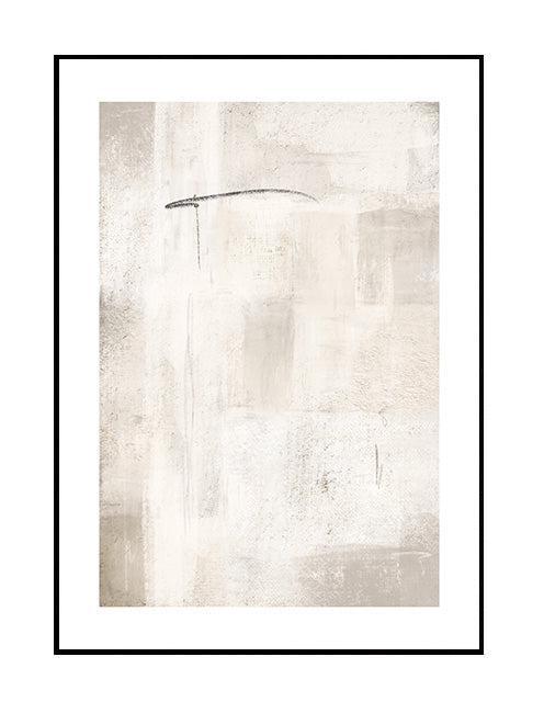 abstract wall art print, neutral tones, textured layers, cream, beige, black fine line
