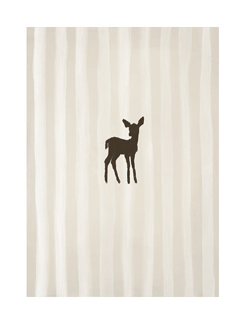 Black silhouette of a deer on a striped beige and white background