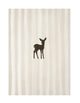 Black silhouette of a deer on a striped beige and white background
