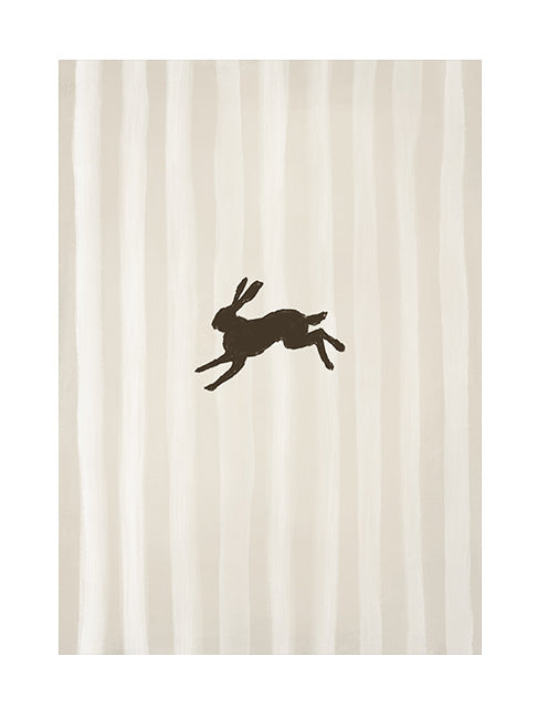 Black silhouette of a leaping rabbit on a white background with thin beige stripes