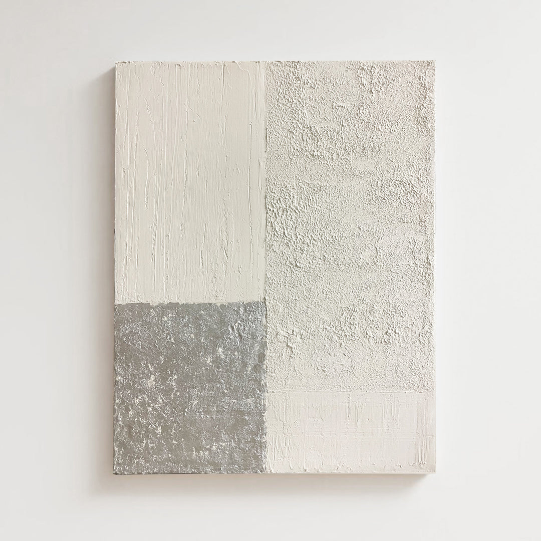 premium abstract canvas, handmade, cream, silver foil, wood frame