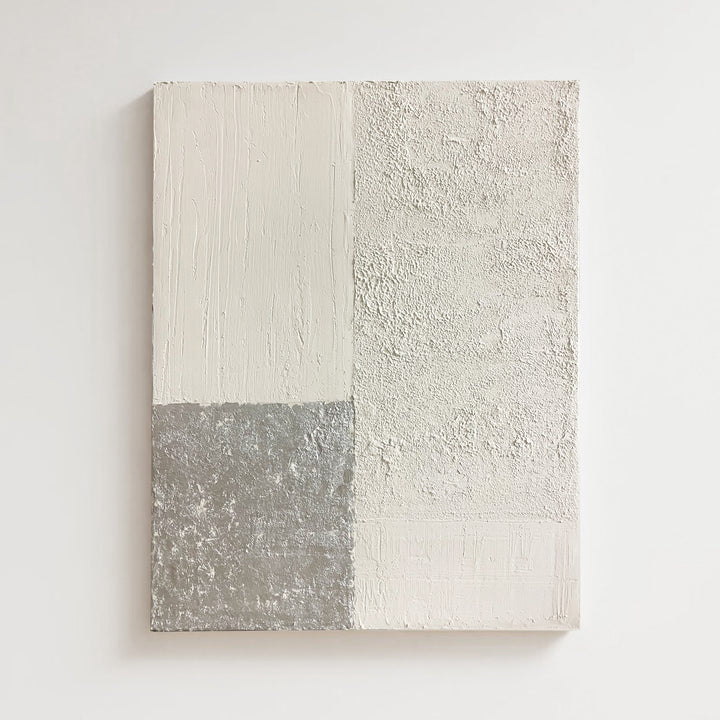 premium abstract canvas, handmade, cream, silver foil, wood frame