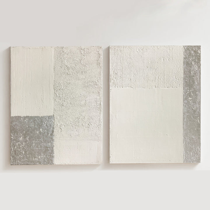 premium abstract canvas, handmade, textured, cream, silver foil, wood frames
