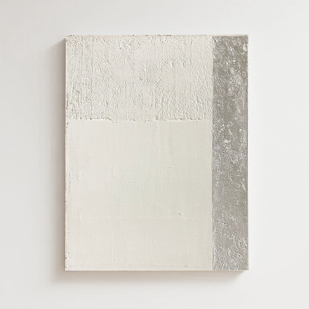 premium abstract canvas, handmade, textured, cream, silver foil, wood frame