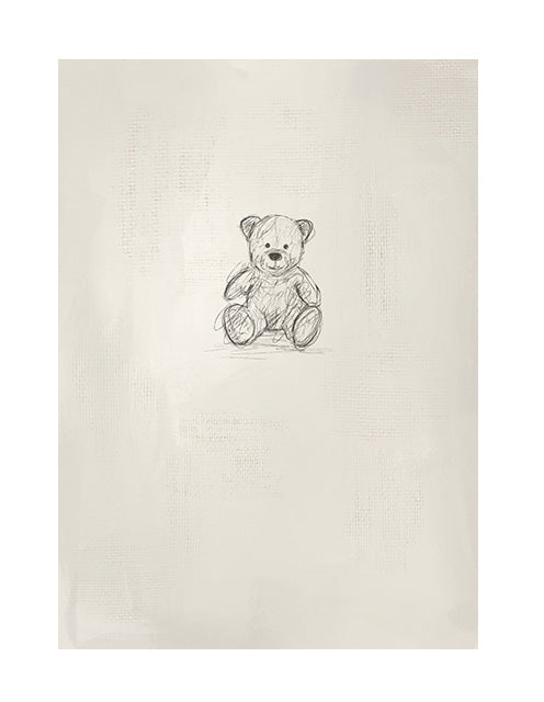 wall art print with a neutral stone background with a hand sketched teddy bear 
