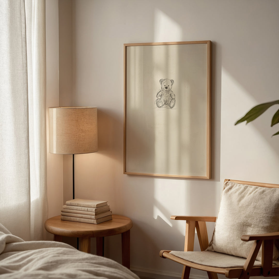 Nursery room with framed teddy bear illustration, lamp, and chair.