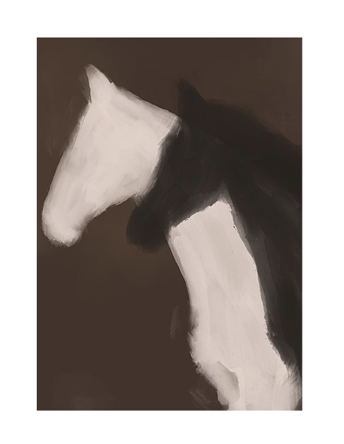 Abstract art piece with brown and white horse shapes on a brown background