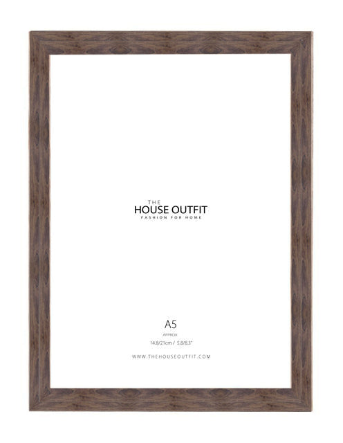 A rustic dark brown wooden picture frame with a white mat board, featuring 'THE HOUSE OUTFIT' branding printed in the center.