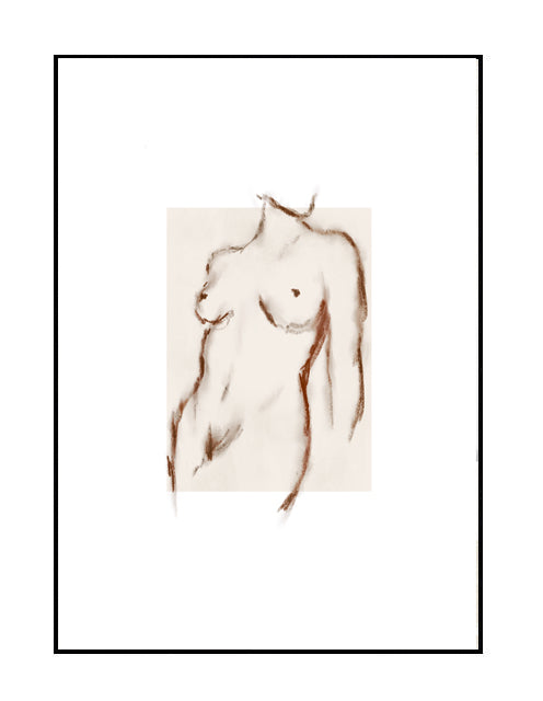 premium wall art print, neutral nude female form line drawing art, beige, brown, nude, white 