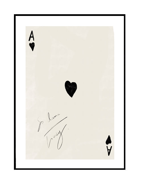 Wall art print, sketch print, washed tone, cream, Lucky, scrolled typography, playing card, Lucky