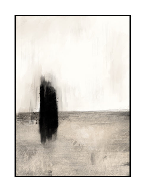 abstract wall art print, beige and brown soft background with black brush mark overlay