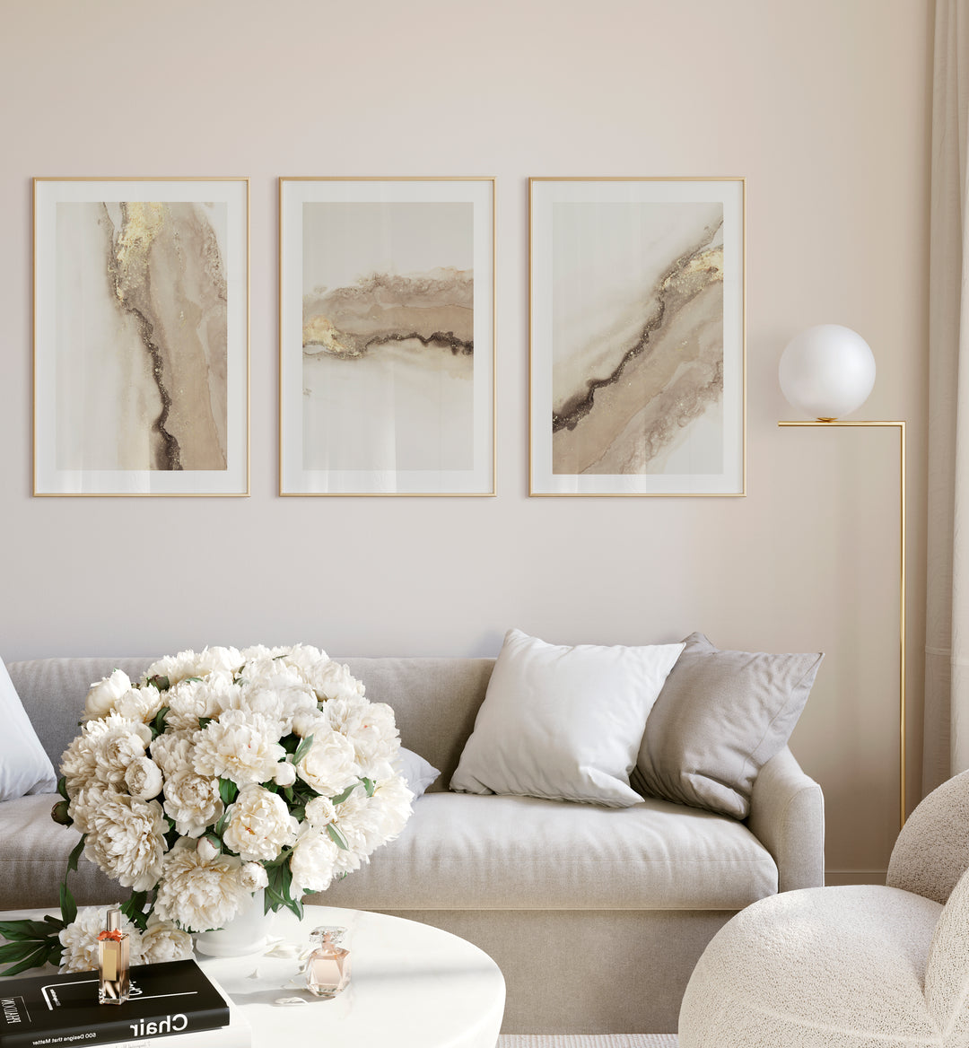 abstract wall art print framed gallery wall set gold neutral beige white