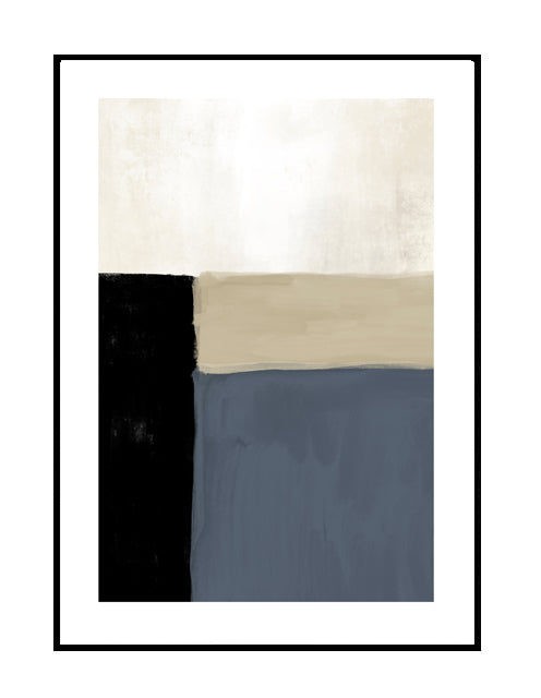 Abstract wall art print , premium wall art, cream, beige black blue , denim and sand tones 