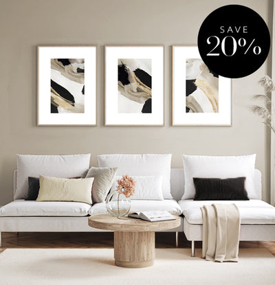 abstract wall art print framed gallery wall neutral beige brown white black gold detail