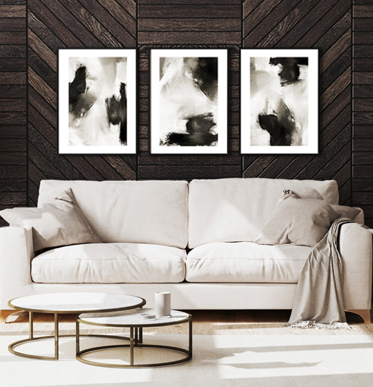 Monochrome  black and white abstract brush framed gallery wall 