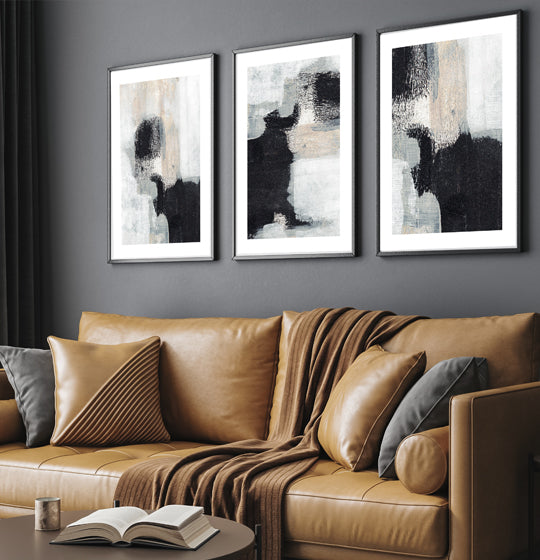 Blue black and natural colours framed gallery wall 