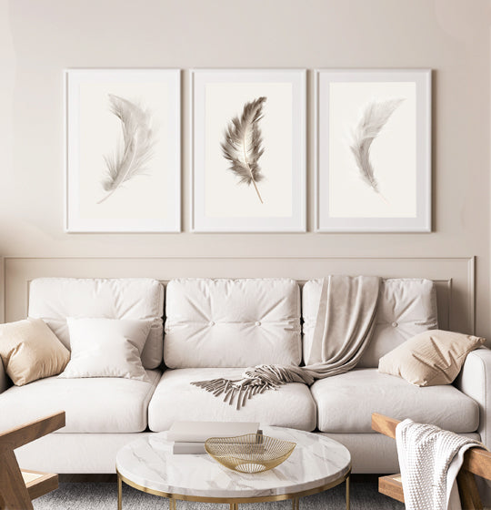 Beige feather neutral artwork framed gallery wall 